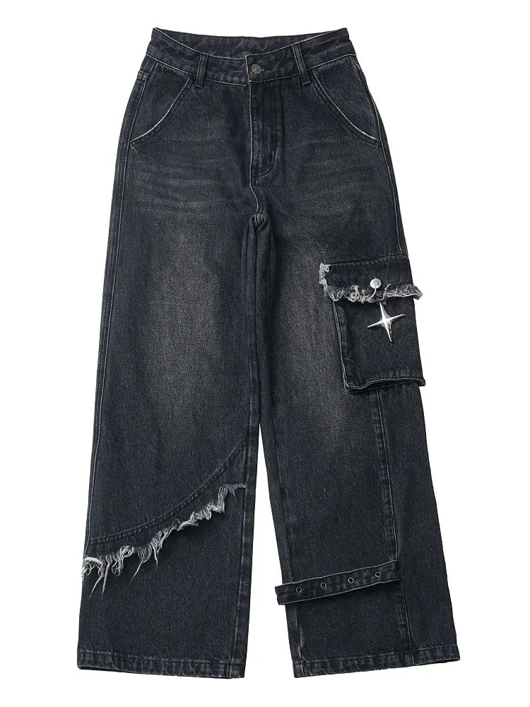 Dark Grey Raw Hem Straight-leg Cut Jeans