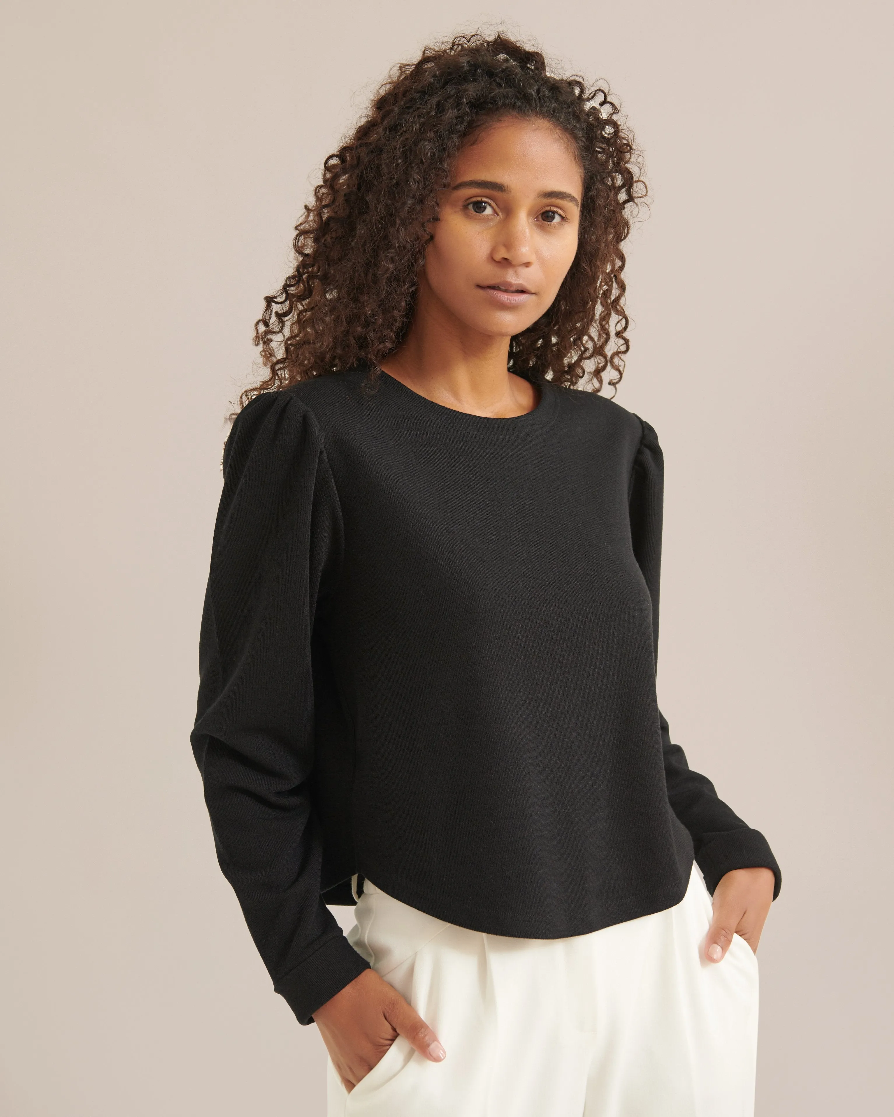 Marin Crew-Neck Puff-Sleeve Sweater