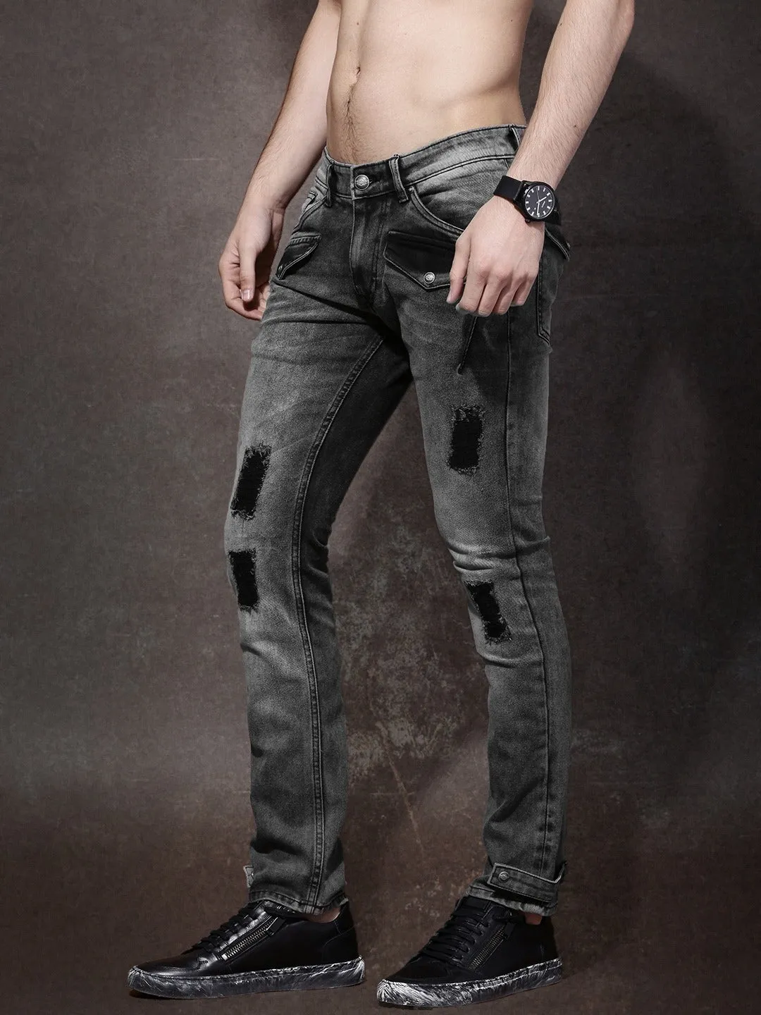 Men Charcoal Grey Skinny Fit Mildly Distressed Stretchable Jeans