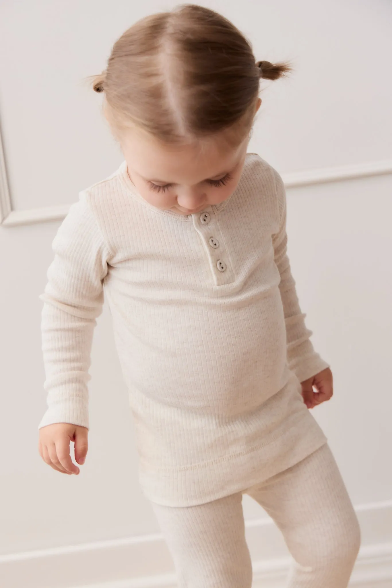 Organic Cotton Modal Long Sleeve Henley - Oatmeal Marle