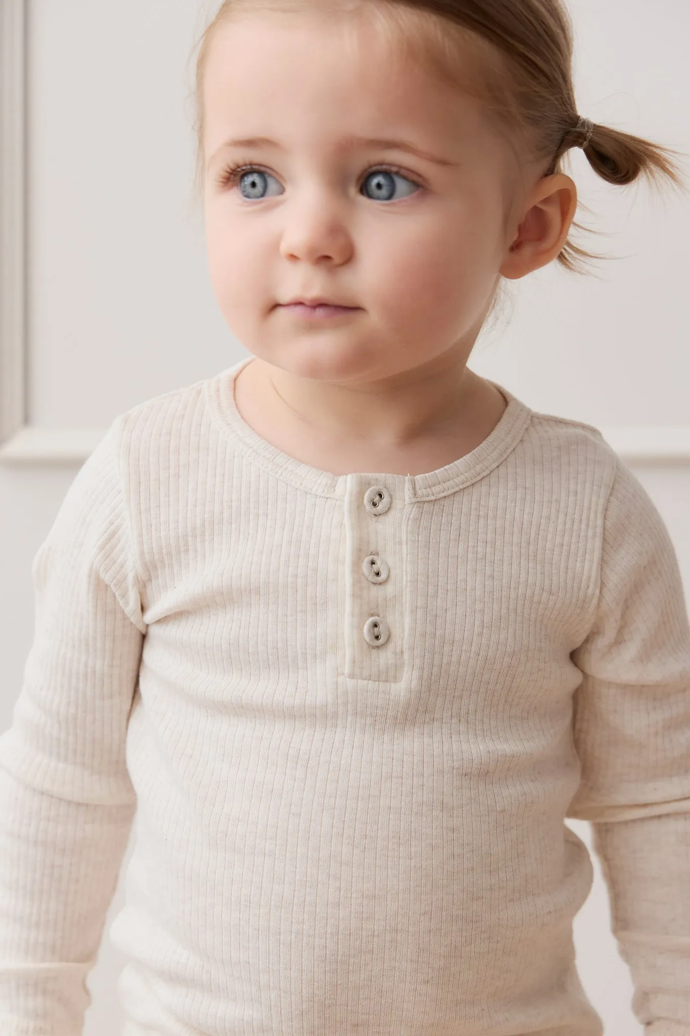 Organic Cotton Modal Long Sleeve Henley - Oatmeal Marle