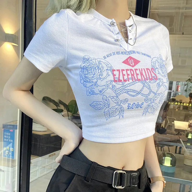 Rose Letters Print V-neck Short T-shirt