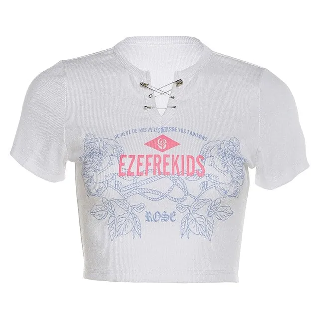 Rose Letters Print V-neck Short T-shirt